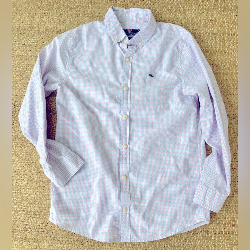 Vineyard Vines Whale Shirt button down blue and pink plaid 100% cotton 12-14‎ M